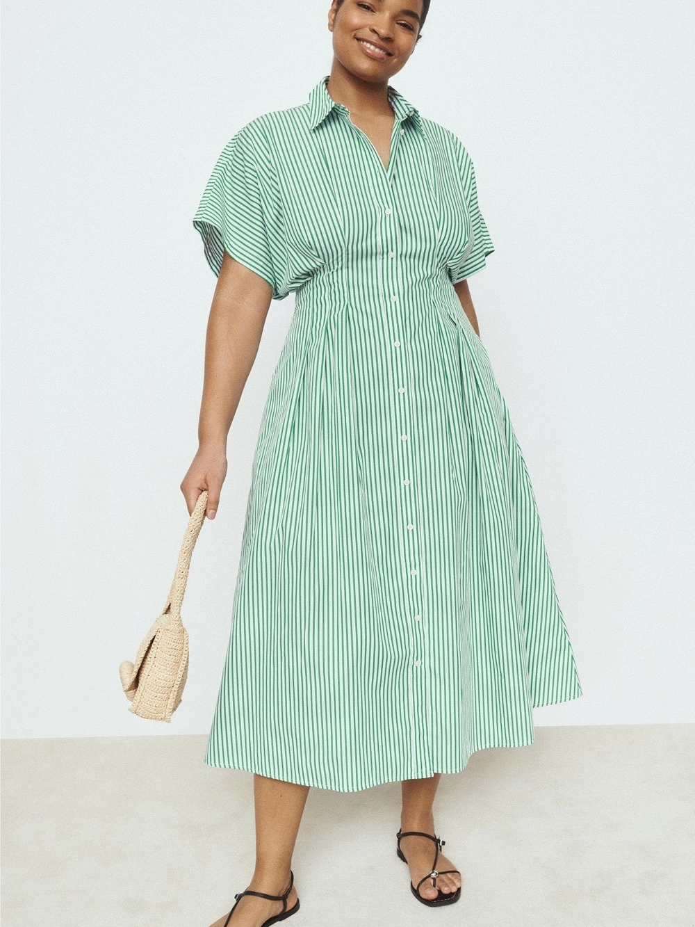 Striped Green Button-Front Midi Dress